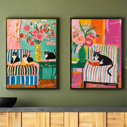 Tuxedo Cat Reading Art Prints – Bookish Cat Wall Art Set – Colorful Cat Lover Decor – Bold Coquette Library Aesthetic – Striped Chair Art