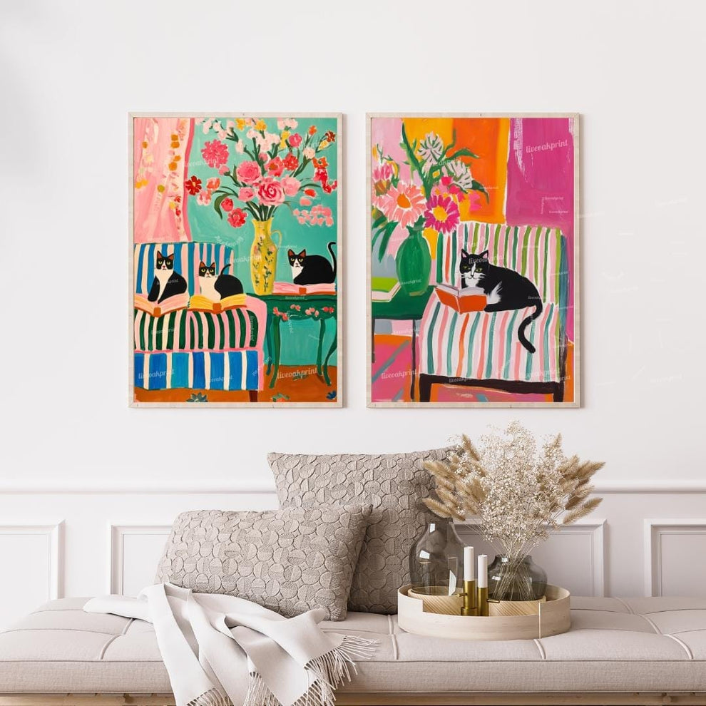 Tuxedo Cat Reading Art Prints – Bookish Cat Wall Art Set – Colorful Cat Lover Decor – Bold Coquette Library Aesthetic – Striped Chair Art