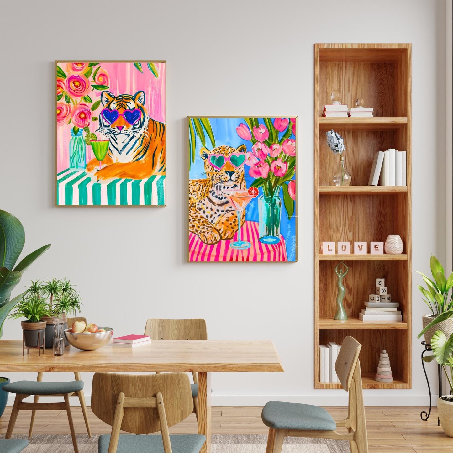 Margarita Tiger Wall Art – Bold Animal Print Decor – Pink Cocktail Art – Heart Sunglasses Tiger Print – Coquette Maximalist Bar Art