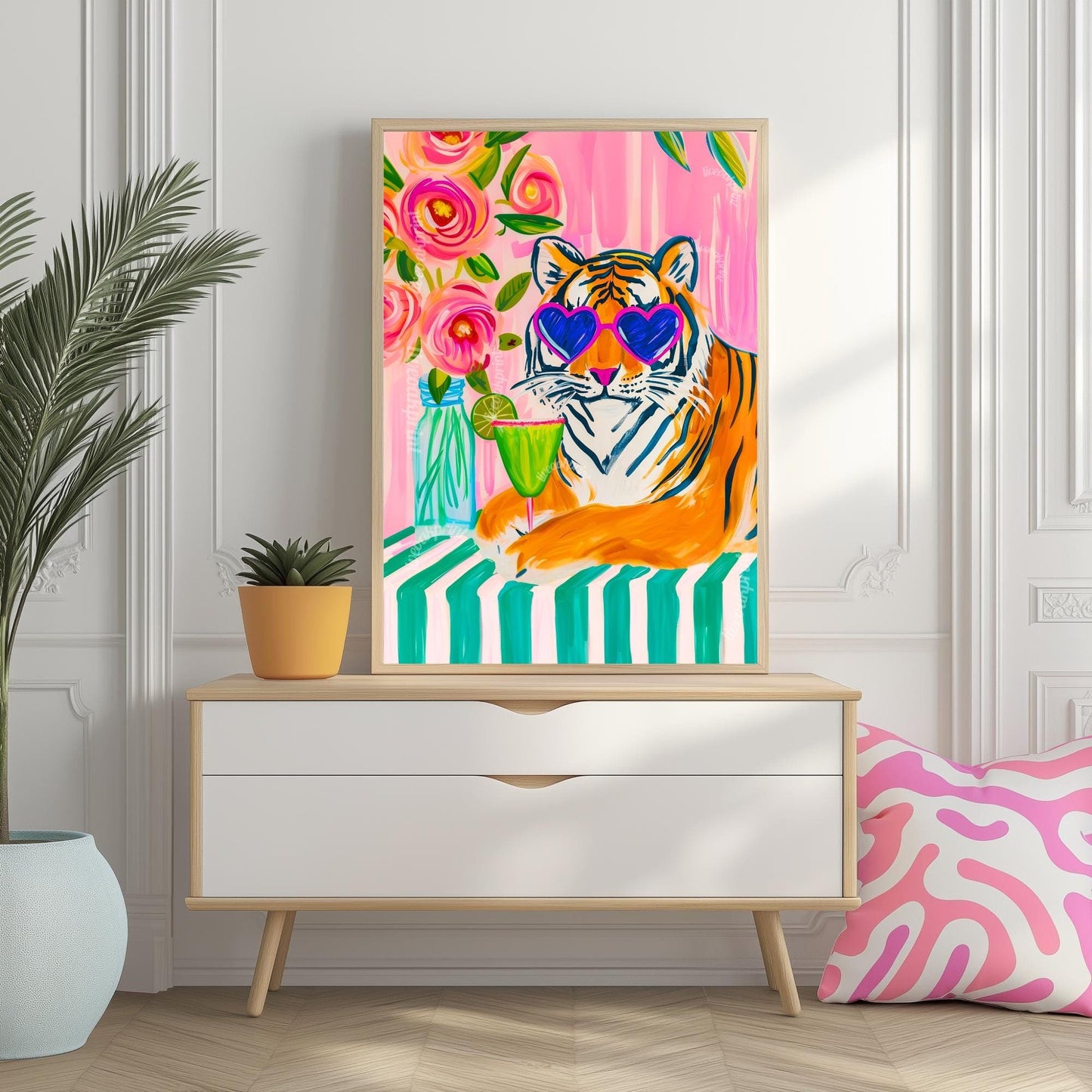 Margarita Tiger Wall Art – Bold Animal Print Decor – Pink Cocktail Art – Heart Sunglasses Tiger Print – Coquette Maximalist Bar Art