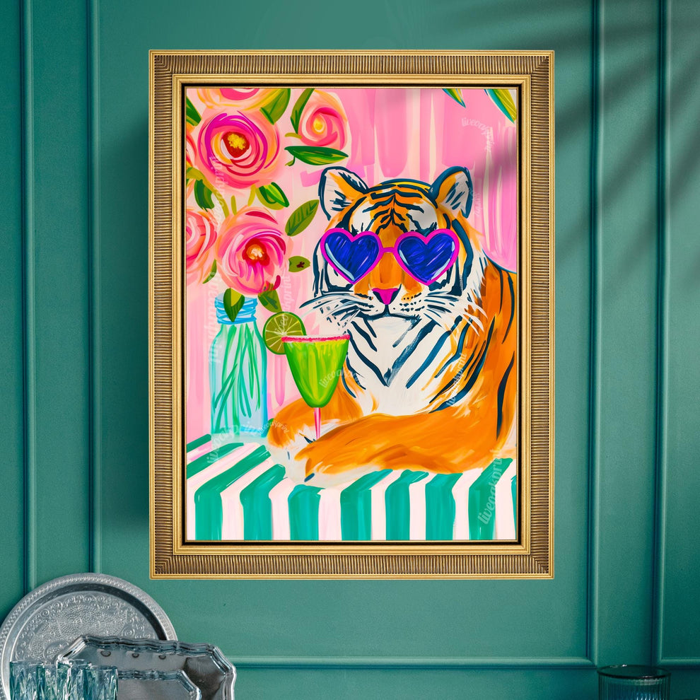 Margarita Tiger Wall Art – Bold Animal Print Decor – Pink Cocktail Art – Heart Sunglasses Tiger Print – Coquette Maximalist Bar Art