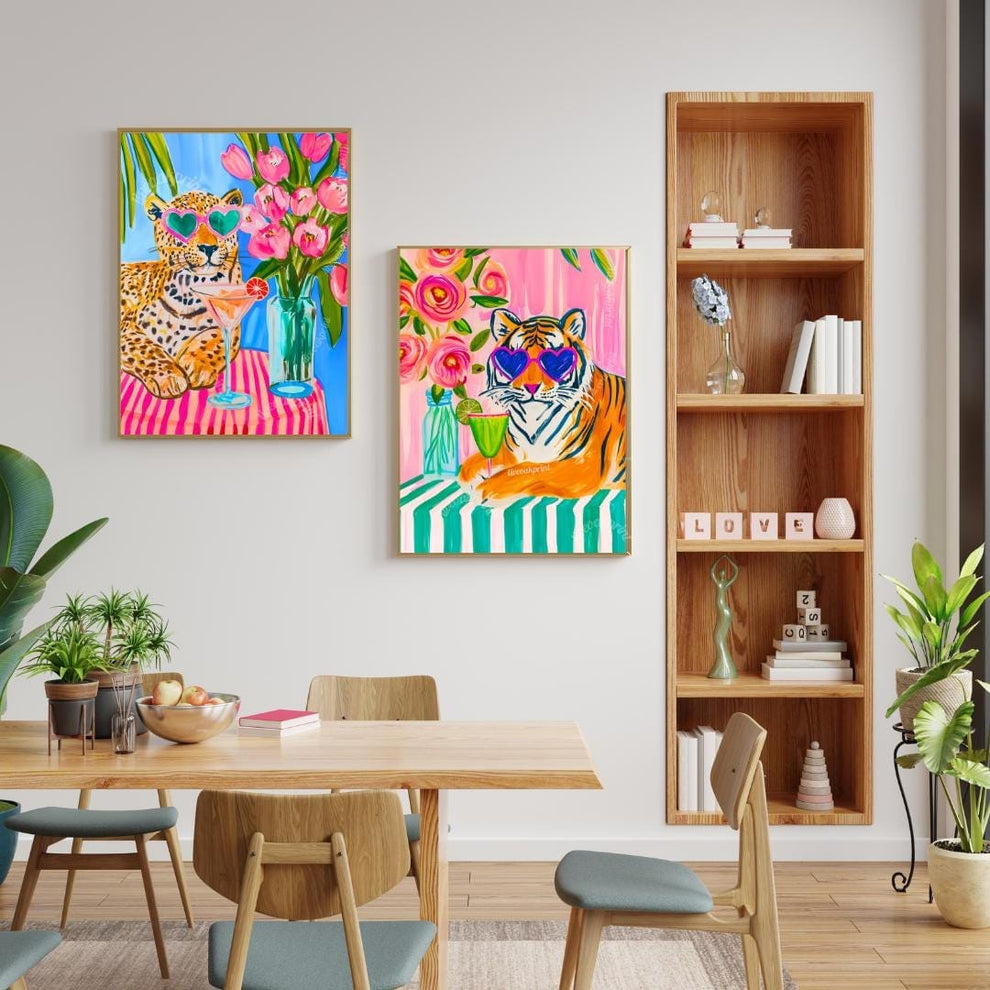 Cocktail Cat Jungle Print Set – Margarita & Martini Jungle Cat Wall Art – Pink Animal Bar Decor – Maximalist Dopamine Home Gift