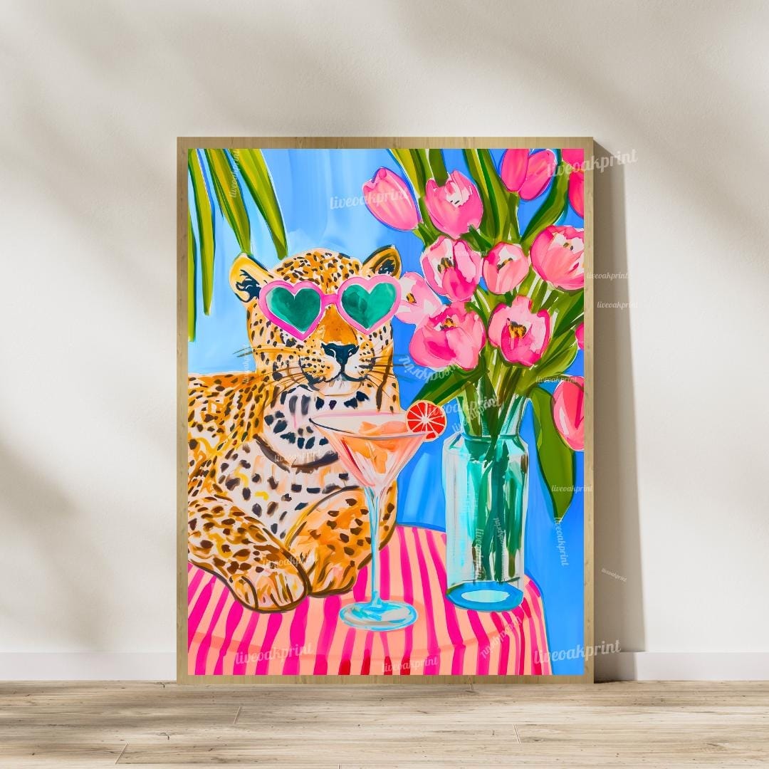 Cocktail Cat Jungle Print Set – Margarita & Martini Jungle Cat Wall Art – Pink Animal Bar Decor – Maximalist Dopamine Home Gift