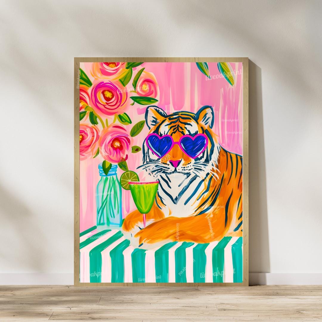 Cocktail Cat Jungle Print Set – Margarita & Martini Jungle Cat Wall Art – Pink Animal Bar Decor – Maximalist Dopamine Home Gift