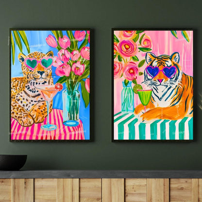 Cocktail Cat Jungle Print Set – Margarita & Martini Jungle Cat Wall Art – Pink Animal Bar Decor – Maximalist Dopamine Home Gift