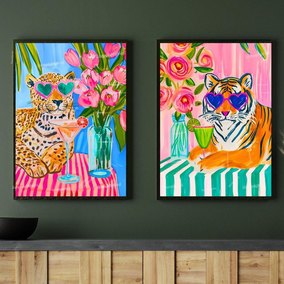 Cocktail Cat Jungle Print Set – Margarita & Martini Jungle Cat Wall Art – Pink Animal Bar Decor – Maximalist Dopamine Home Gift