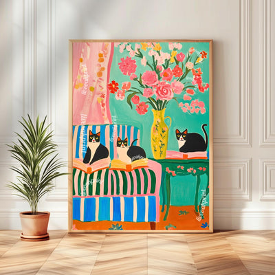 Tuxedo Cats and Books Art Print – Bookish Cat Wall Art – Bold Coquette Decor – Maximalist Reading Corner Print – Cat Lover Gift