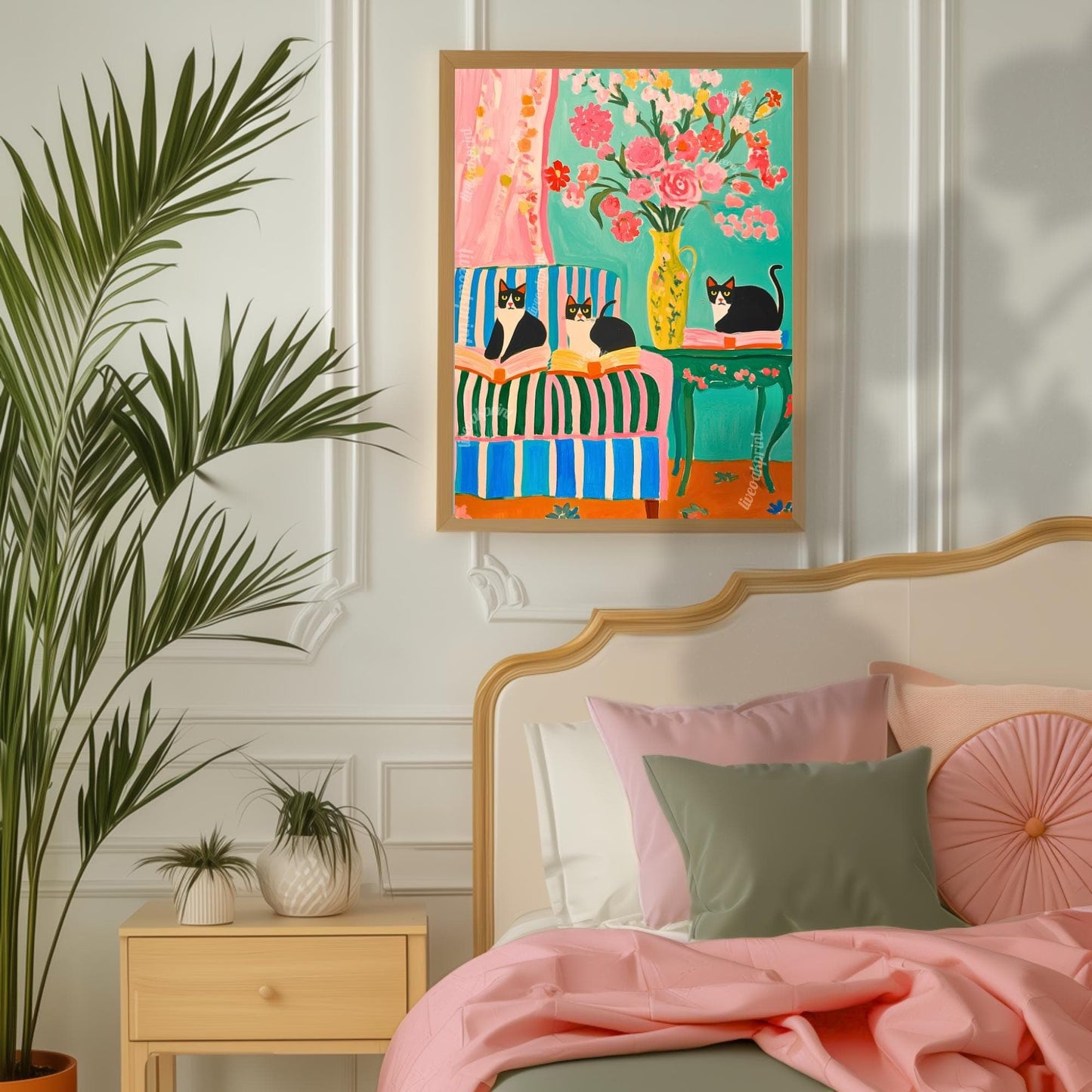 Tuxedo Cats and Books Art Print – Bookish Cat Wall Art – Bold Coquette Decor – Maximalist Reading Corner Print – Cat Lover Gift