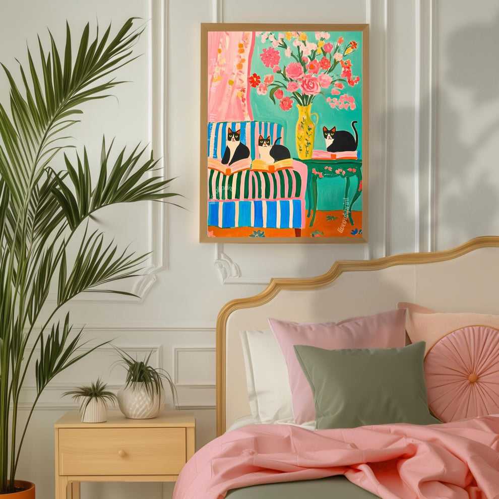 Tuxedo Cats and Books Art Print – Bookish Cat Wall Art – Bold Coquette Decor – Maximalist Reading Corner Print – Cat Lover Gift