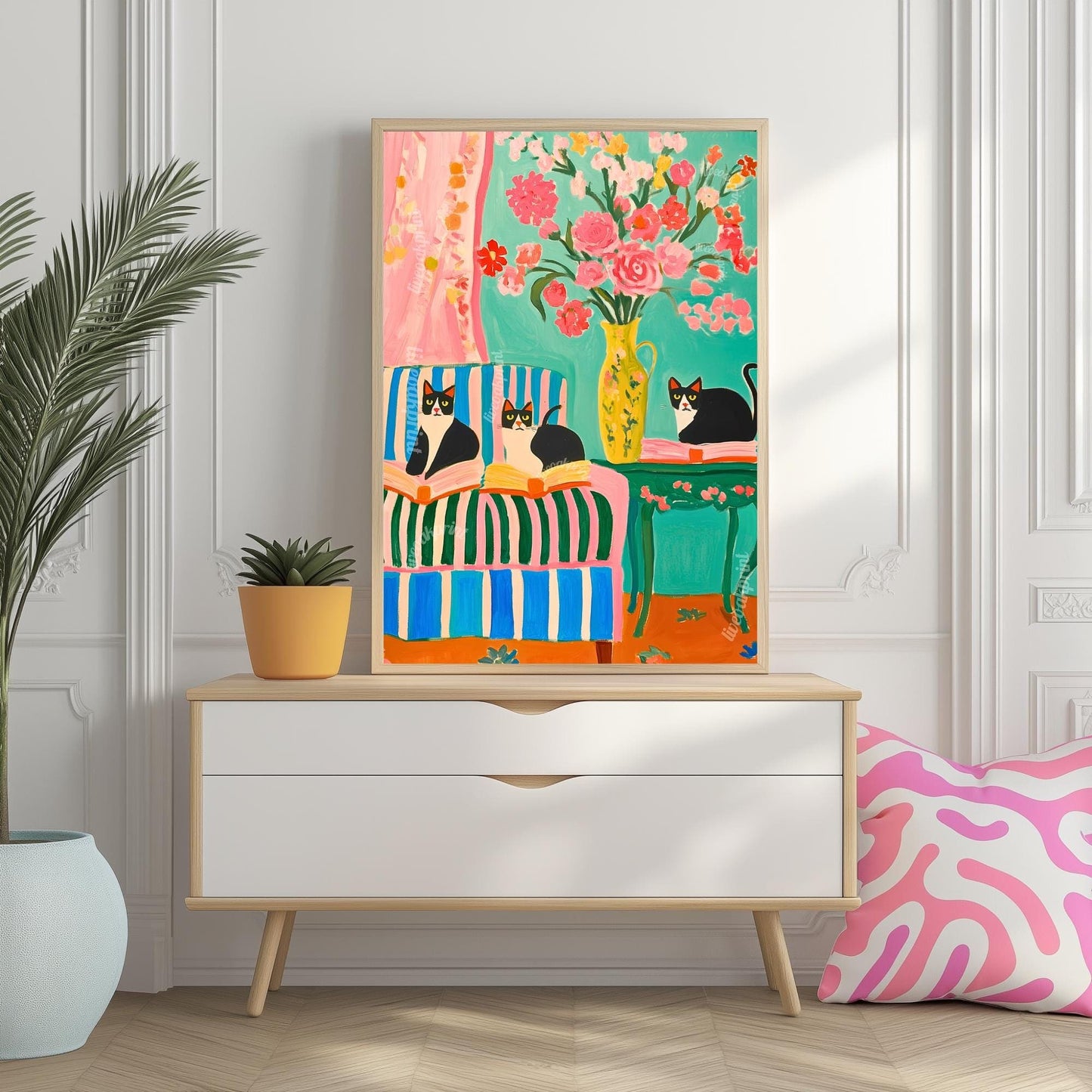 Tuxedo Cats and Books Art Print – Bookish Cat Wall Art – Bold Coquette Decor – Maximalist Reading Corner Print – Cat Lover Gift
