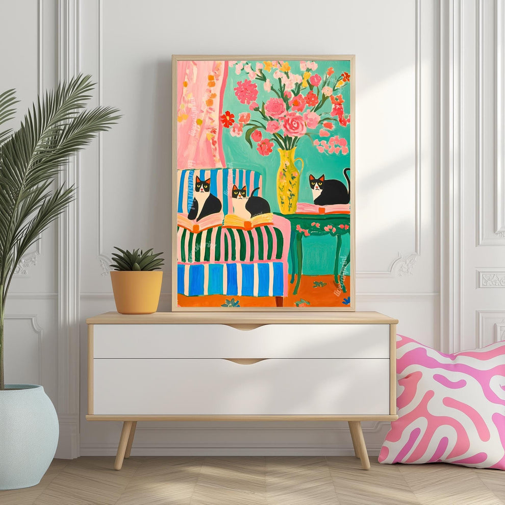 Tuxedo Cats and Books Art Print – Bookish Cat Wall Art – Bold Coquette Decor – Maximalist Reading Corner Print – Cat Lover Gift