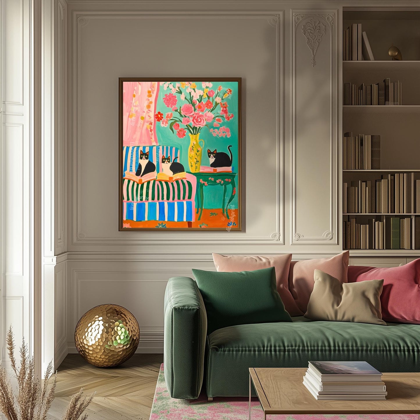 Tuxedo Cats and Books Art Print – Bookish Cat Wall Art – Bold Coquette Decor – Maximalist Reading Corner Print – Cat Lover Gift