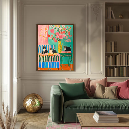 Tuxedo Cats and Books Art Print – Bookish Cat Wall Art – Bold Coquette Decor – Maximalist Reading Corner Print – Cat Lover Gift