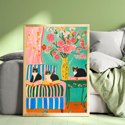 Tuxedo Cats and Books Art Print – Bookish Cat Wall Art – Bold Coquette Decor – Maximalist Reading Corner Print – Cat Lover Gift