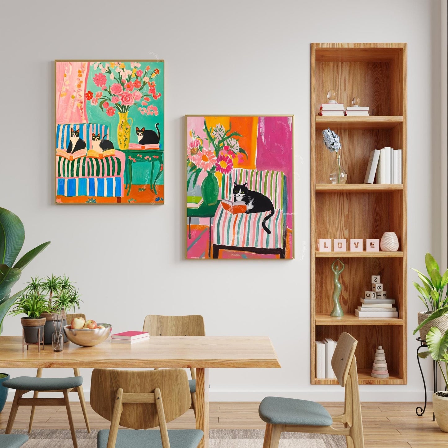 Tuxedo Cats and Books Art Print – Bookish Cat Wall Art – Bold Coquette Decor – Maximalist Reading Corner Print – Cat Lover Gift