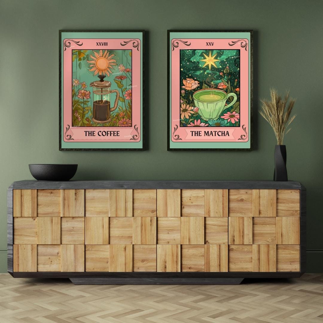 Coffee and Matcha Print Set – Coffee Bar Wall Art – Boho Kitchen Decor – Tea and Coffee Poster Set – Green & Brown Wall Art – Coffee Gift