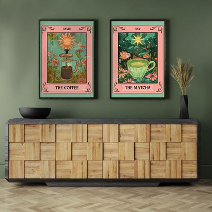 Coffee and Matcha Print Set – Coffee Bar Wall Art – Boho Kitchen Decor – Tea and Coffee Poster Set – Green & Brown Wall Art – Coffee Gift