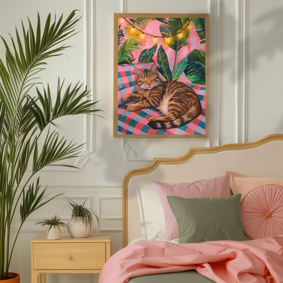 Cozy Tabby Cat Print – Boho Cat Wall Art – Gingham Bedroom Decor – Brown Cat Print – Pink and Green Cat Poster – Cute Animal Wall Art
