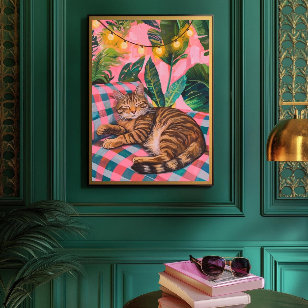 Cozy Tabby Cat Print – Boho Cat Wall Art – Gingham Bedroom Decor – Brown Cat Print – Pink and Green Cat Poster – Cute Animal Wall Art