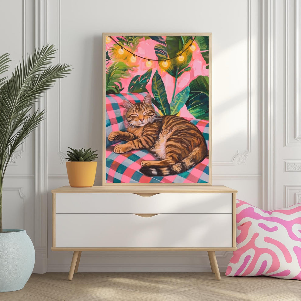 Cozy Tabby Cat Print – Boho Cat Wall Art – Gingham Bedroom Decor – Brown Cat Print – Pink and Green Cat Poster – Cute Animal Wall Art