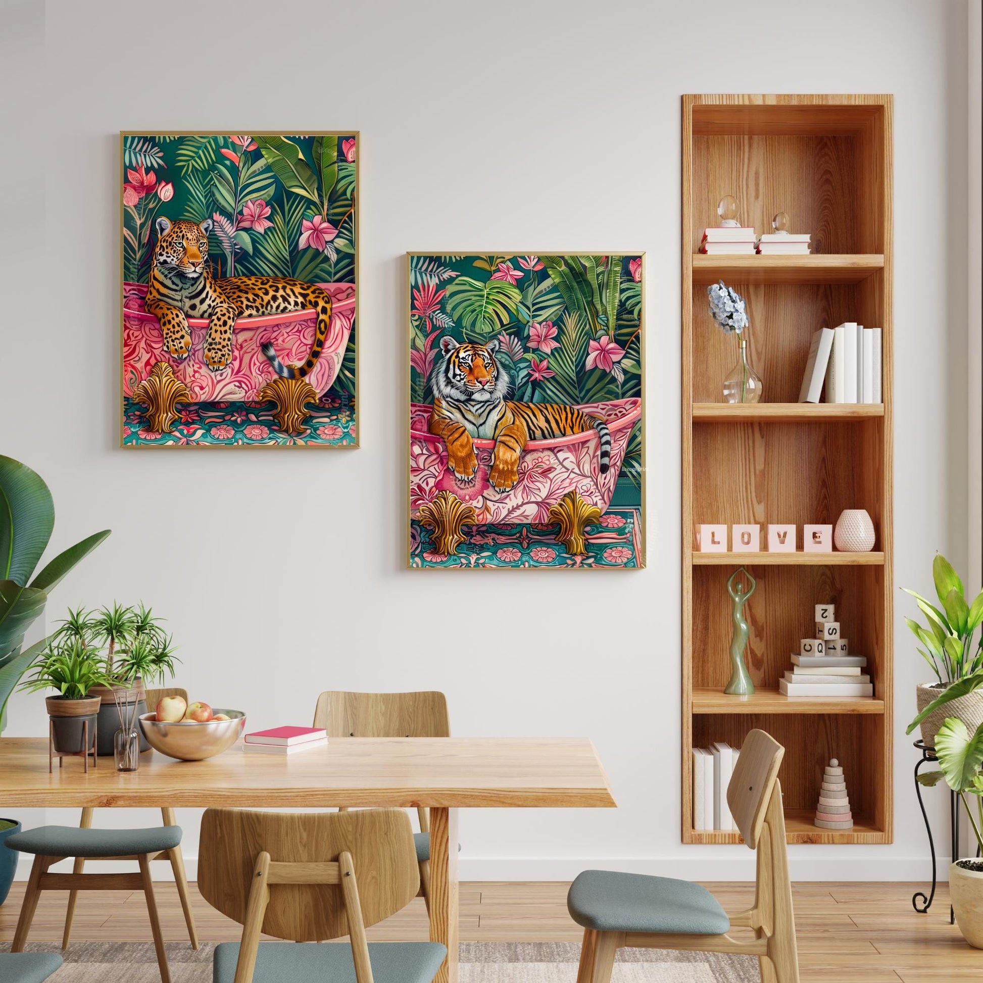 Leopard in a Bathtub Print – Maximalist Bathroom Wall Art – Tropical Animal Print – Pink and Green Bathroom Decor – Jungle Bathroom Art