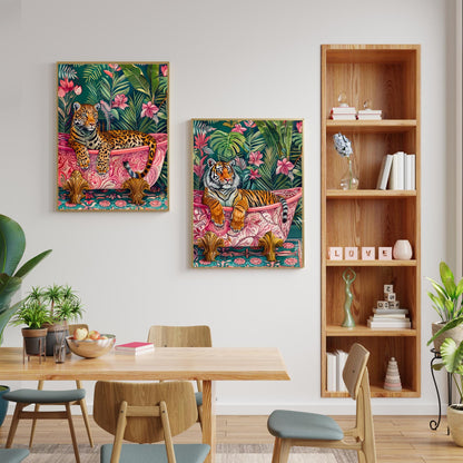 Leopard in a Bathtub Print – Maximalist Bathroom Wall Art – Tropical Animal Print – Pink and Green Bathroom Decor – Jungle Bathroom Art