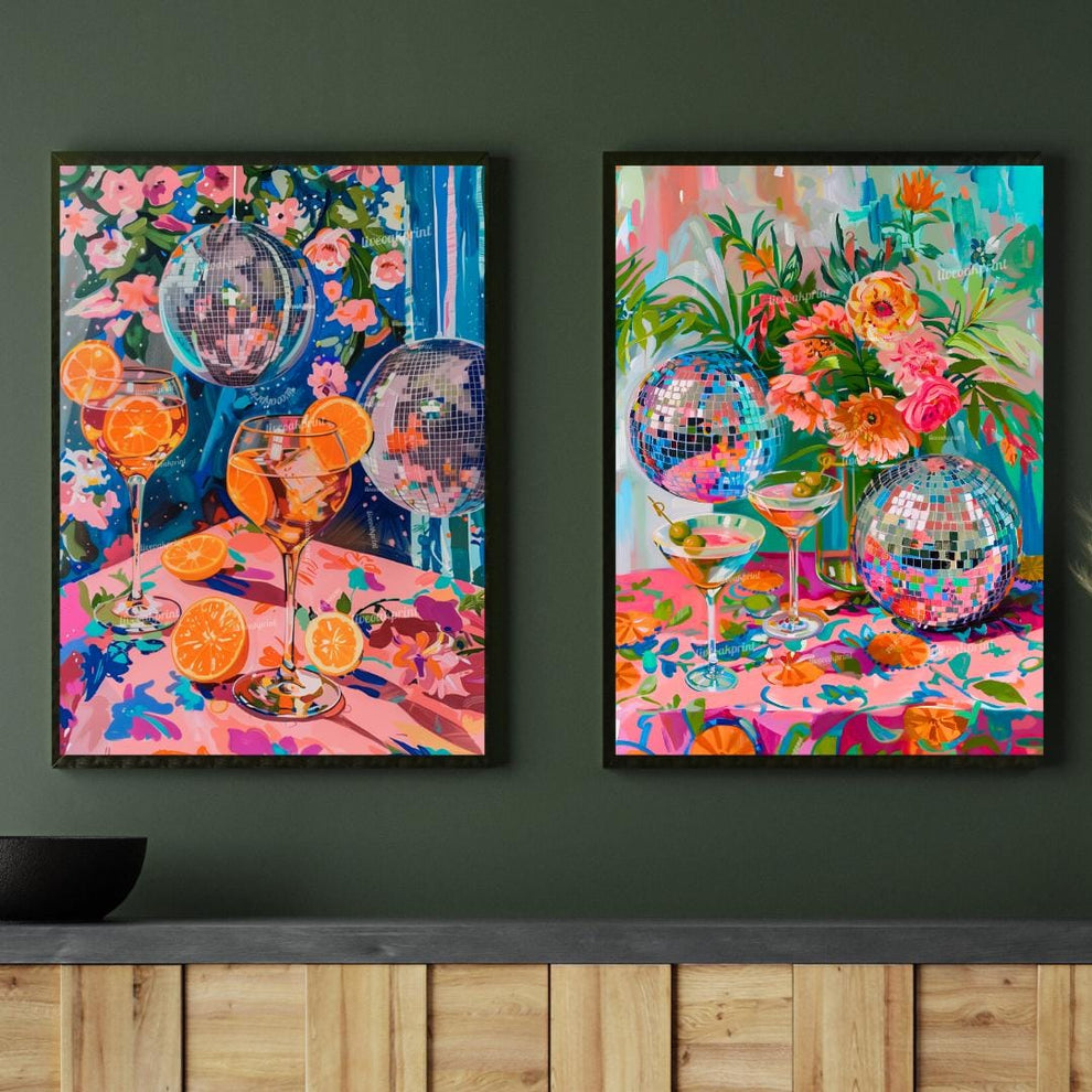 Disco Cocktail Print Set – Aperol Spritz & Martini Wall Art – Bar Cart Decor – Colorful Party Wall Art – Funky Kitchen Prints