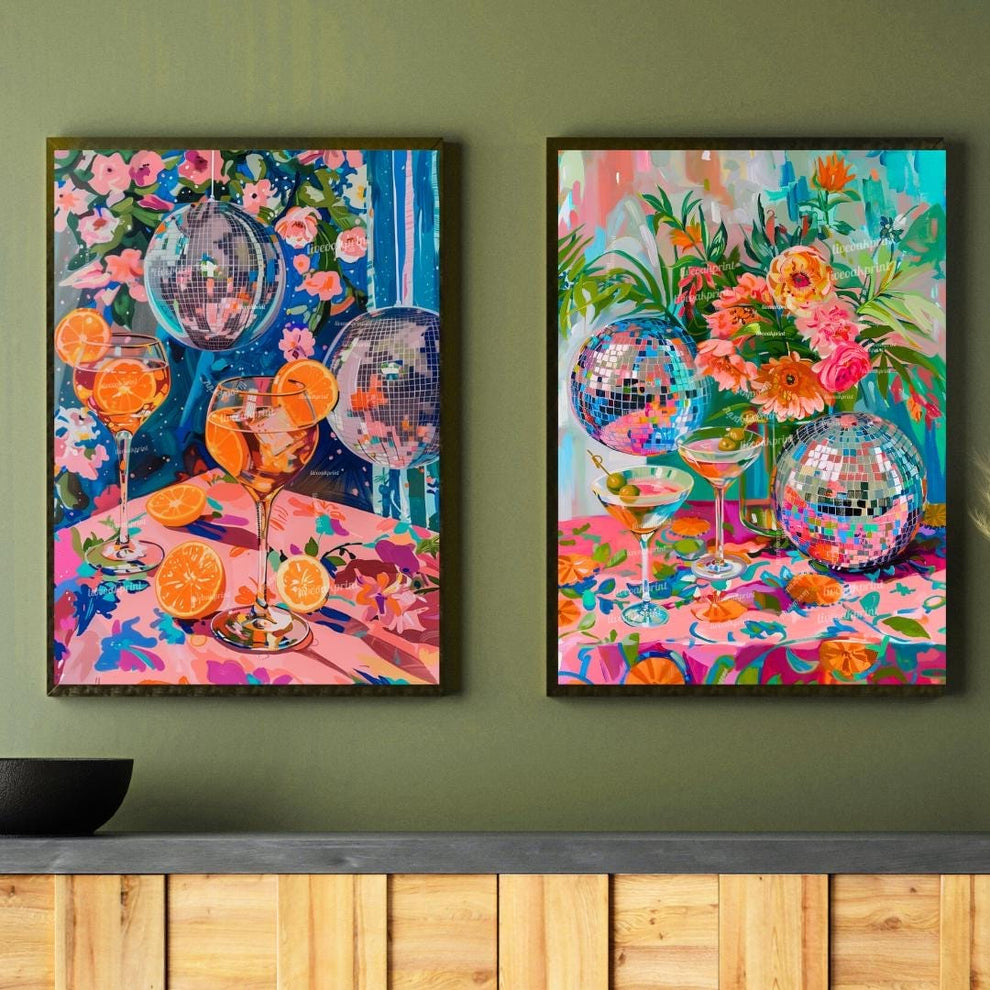 Disco Cocktail Print Set – Aperol Spritz & Martini Wall Art – Bar Cart Decor – Colorful Party Wall Art – Funky Kitchen Prints