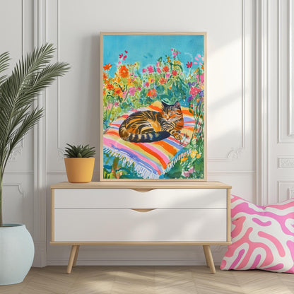 Sunbathing Cat Art Print – Floral Garden Cat Decor – Cozy Summer Wall Art – Botanical Cat Lover Gift – Cottagecore Tabby Cat Illustration