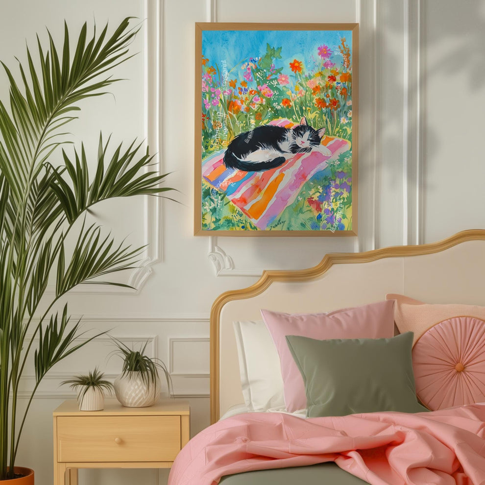Tuxedo Cat Garden Print – Summer Cat Wall Art – Botanical Nap Time Decor – Cottagecore Black And White Cat Illustration