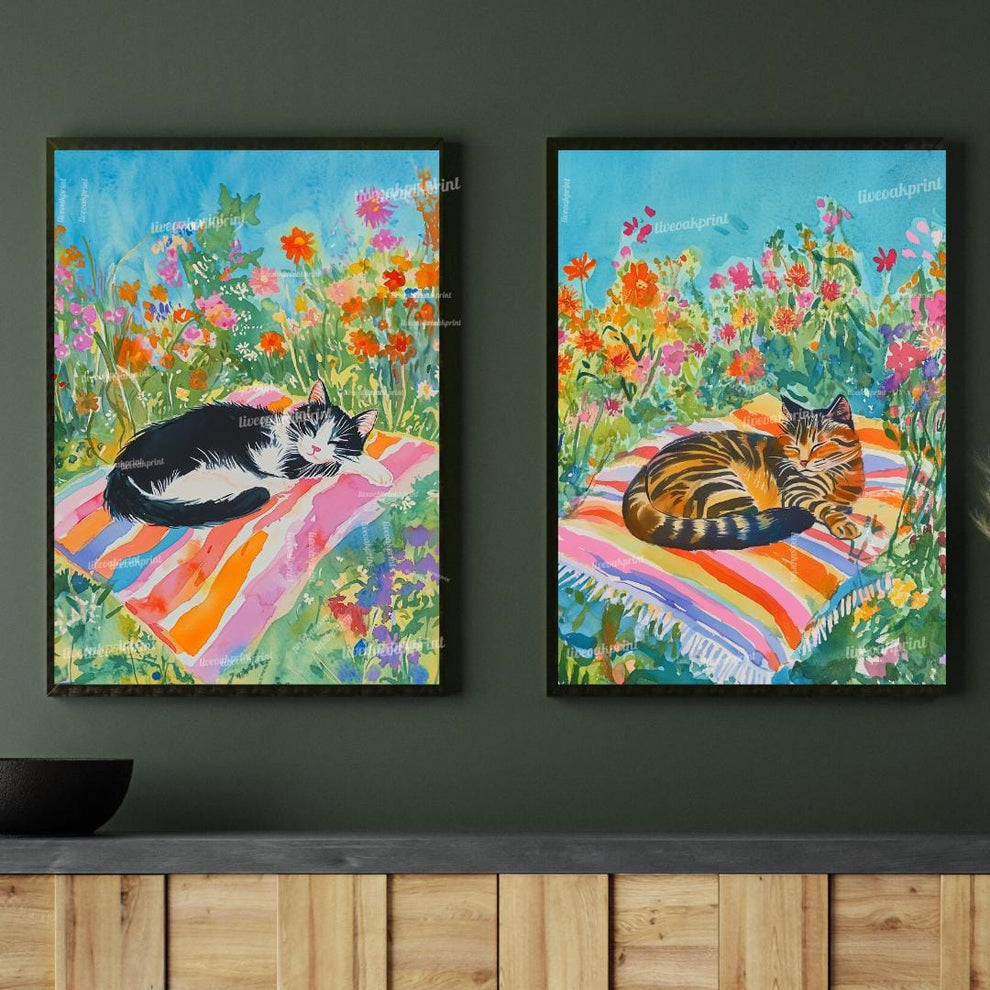Garden Cat Wall Art Set – Floral Nap Time Cat Prints – Tuxedo Cat and Tabby Cat Cottagecore Decor – Cat Lover Gift – Cozy Cat Bedroom Art