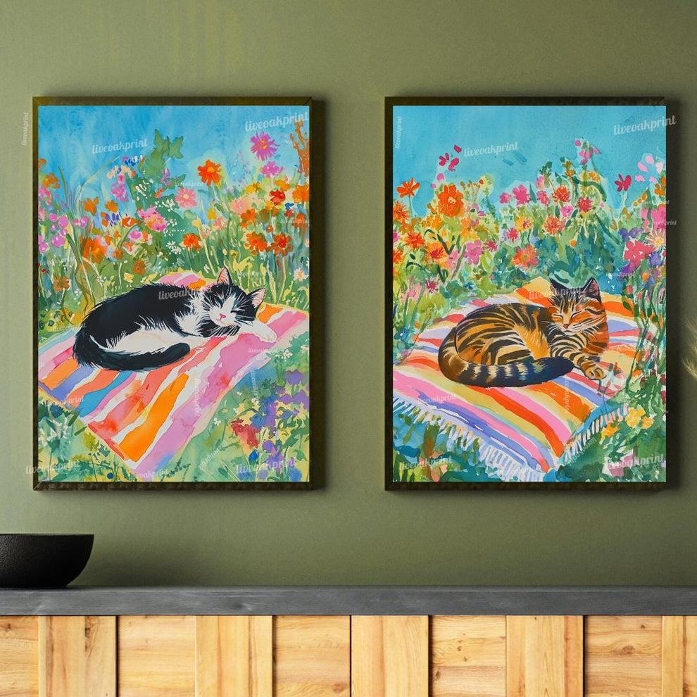 Garden Cat Wall Art Set – Floral Nap Time Cat Prints – Tuxedo Cat and Tabby Cat Cottagecore Decor – Cat Lover Gift – Cozy Cat Bedroom Art