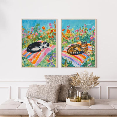 Garden Cat Wall Art Set – Floral Nap Time Cat Prints – Tuxedo Cat and Tabby Cat Cottagecore Decor – Cat Lover Gift – Cozy Cat Bedroom Art