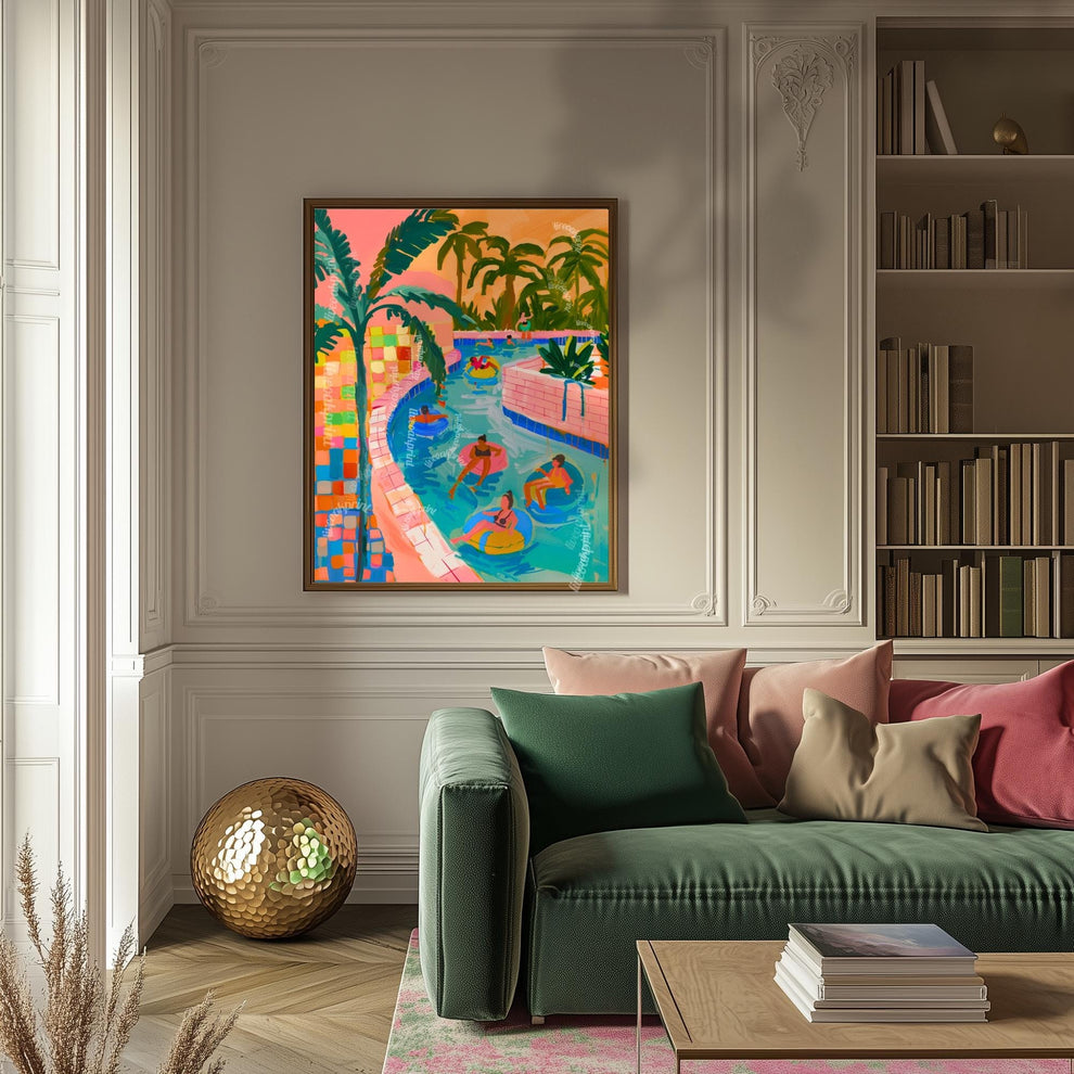 Lazy River Art Print – Retro Pool Float Illustration – Palm Springs Summer Wall Art – Colorful Vacation Decor – Warm Weather Dopamine Art