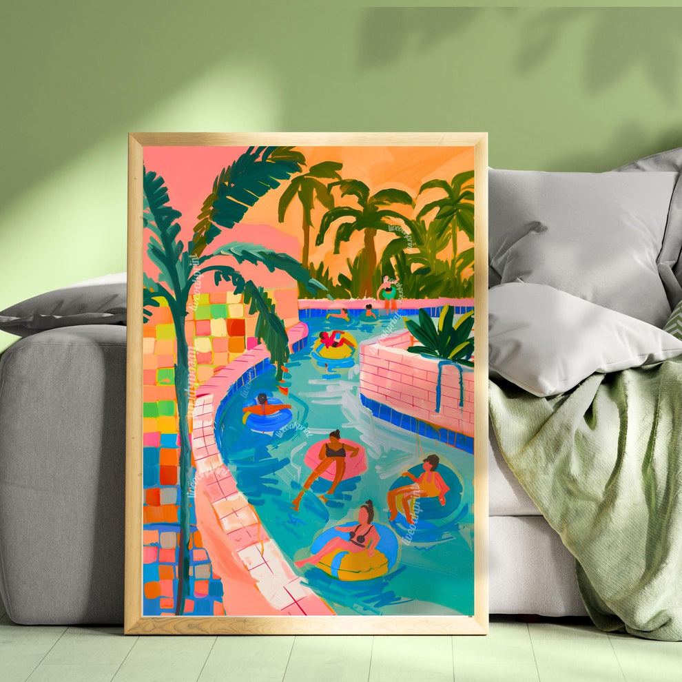 Lazy River Art Print – Retro Pool Float Illustration – Palm Springs Summer Wall Art – Colorful Vacation Decor – Warm Weather Dopamine Art