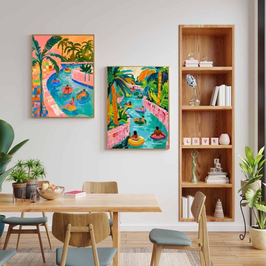 Lazy River Art Print Set – Colorful Summer Wall Art – Retro Pool Float Decor – Vacation Gallery Wall – Dopamine Decor Set of Two Prints