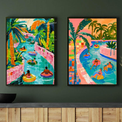 Lazy River Art Print Set – Colorful Summer Wall Art – Retro Pool Float Decor – Vacation Gallery Wall – Dopamine Decor Set of Two Prints