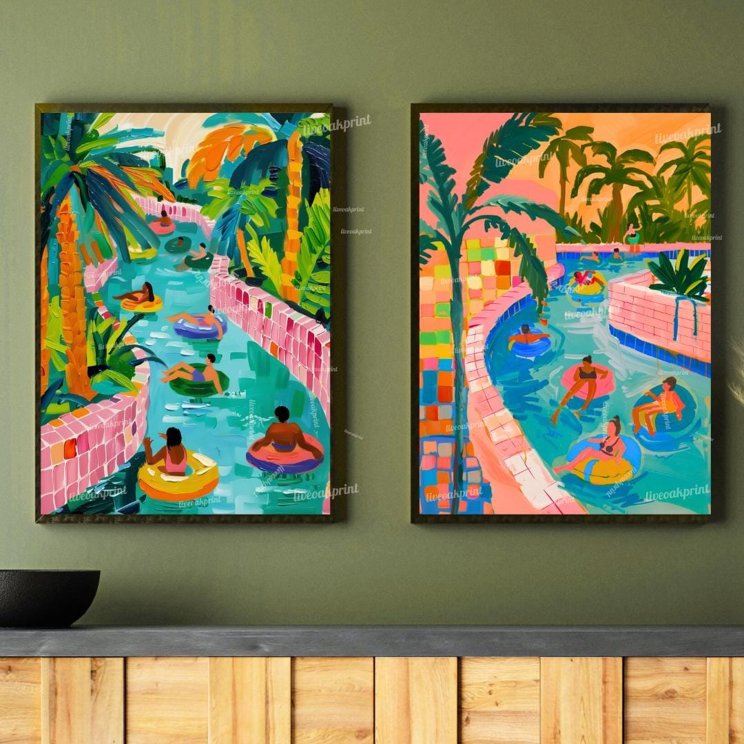 Lazy River Art Print Set – Colorful Summer Wall Art – Retro Pool Float Decor – Vacation Gallery Wall – Dopamine Decor Set of Two Prints