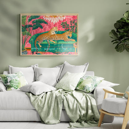 Leopard Lounge Wall Art – Maximalist Jungle Print – Pink and Green Glam Decor – Animal Print Living Room Art – Vintage Palm Wallpaper