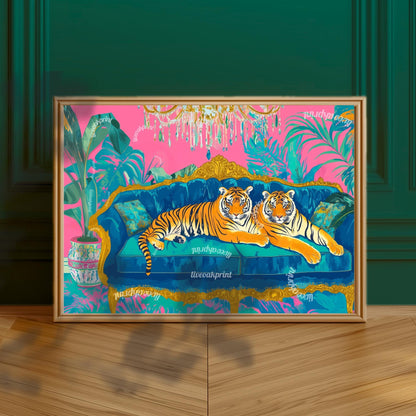 Tiger Lounge Wall Art – Maximalist Animal Print Decor – Bold Pink and Blue Jungle Art – Preppy Glam Living Room Print Dopamine Interior