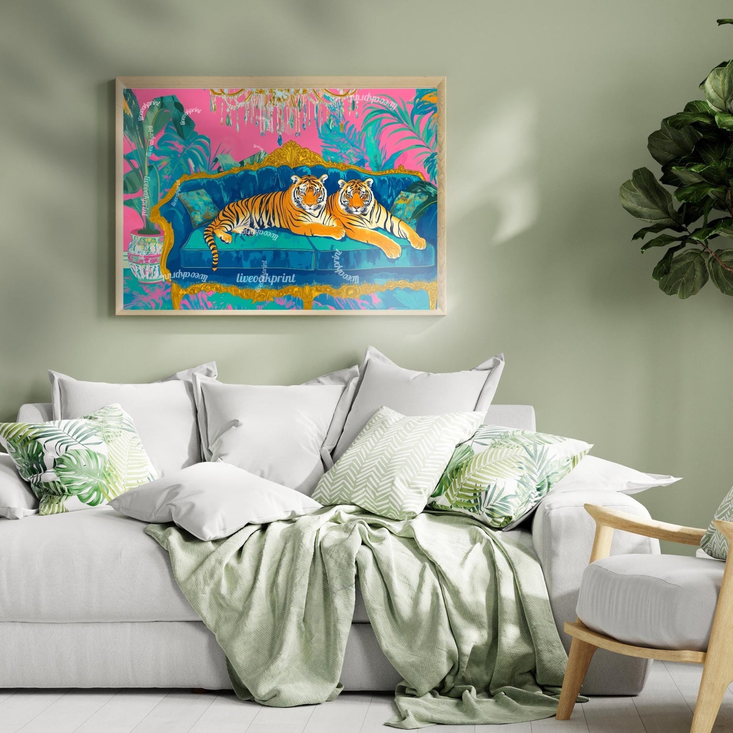 Tiger Lounge Wall Art – Maximalist Animal Print Decor – Bold Pink and Blue Jungle Art – Preppy Glam Living Room Print Dopamine Interior