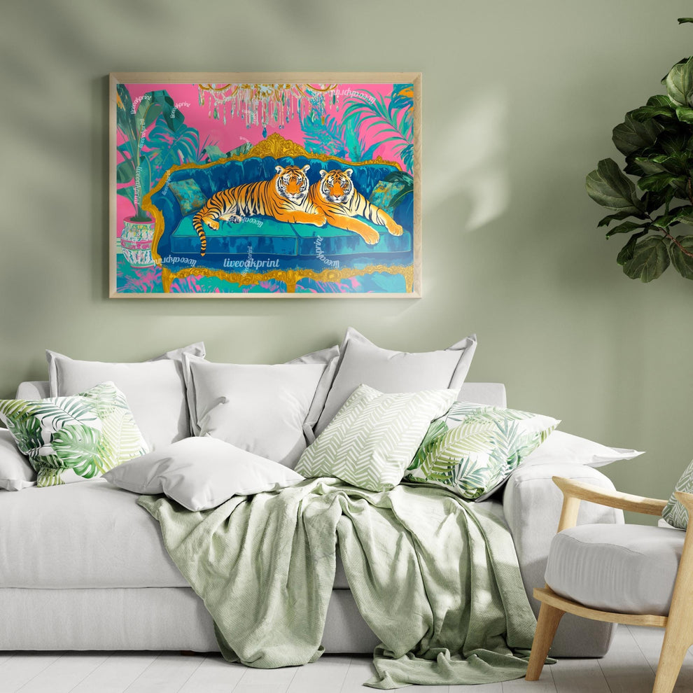 Tiger Lounge Wall Art – Maximalist Animal Print Decor – Bold Pink and Blue Jungle Art – Preppy Glam Living Room Print Dopamine Interior