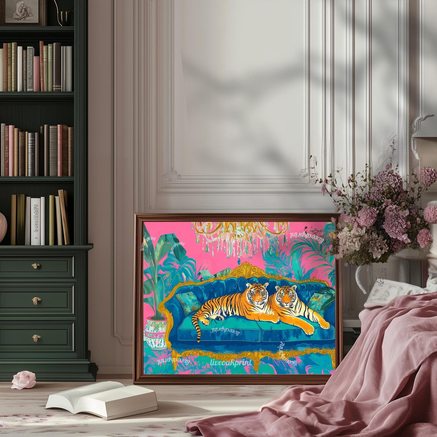 Tiger Lounge Wall Art – Maximalist Animal Print Decor – Bold Pink and Blue Jungle Art – Preppy Glam Living Room Print Dopamine Interior