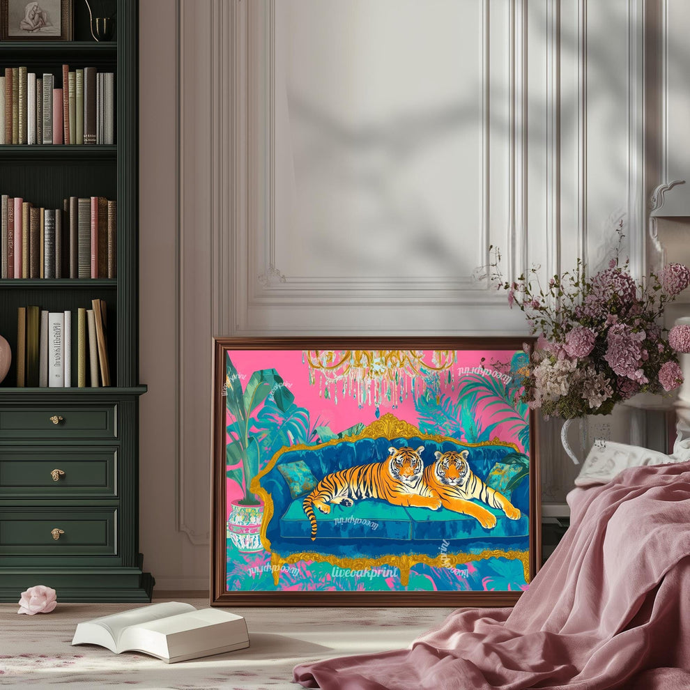 Tiger Lounge Wall Art – Maximalist Animal Print Decor – Bold Pink and Blue Jungle Art – Preppy Glam Living Room Print Dopamine Interior