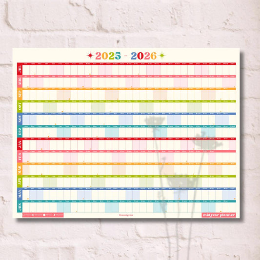 Colorful Mid Year Calendar – 2025–2026 Academic Wall Planner – Retro Brights – Aesthetic Year at a Glance