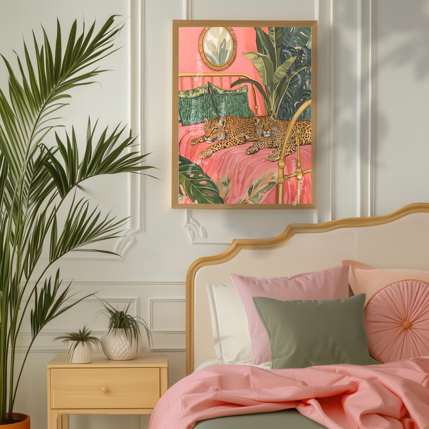 Leopard Bedroom Wall Art – Tropical Cat Print – Jungle Bedroom Decor – Pink Maximalist Wall Art – Preppy Safari Animal Print Glam Home Decor