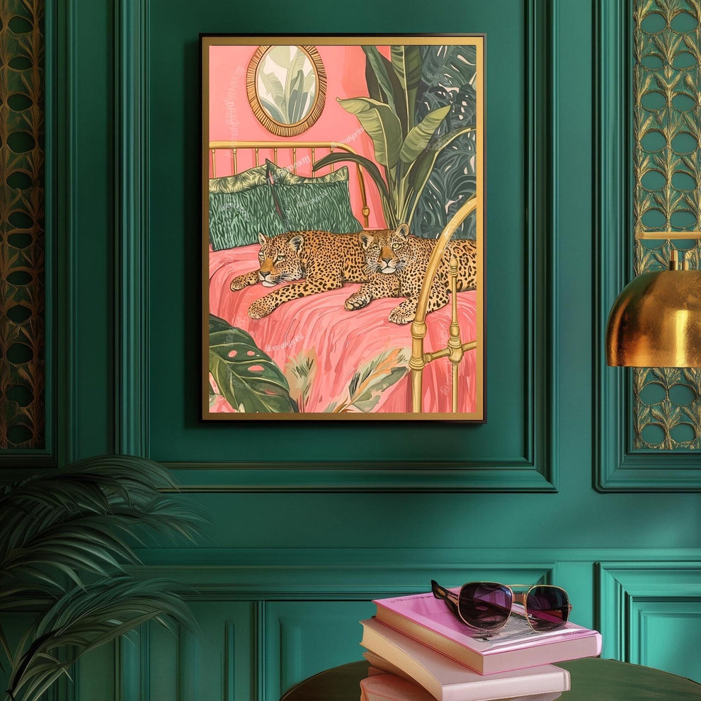 Leopard Bedroom Wall Art – Tropical Cat Print – Jungle Bedroom Decor – Pink Maximalist Wall Art – Preppy Safari Animal Print Glam Home Decor