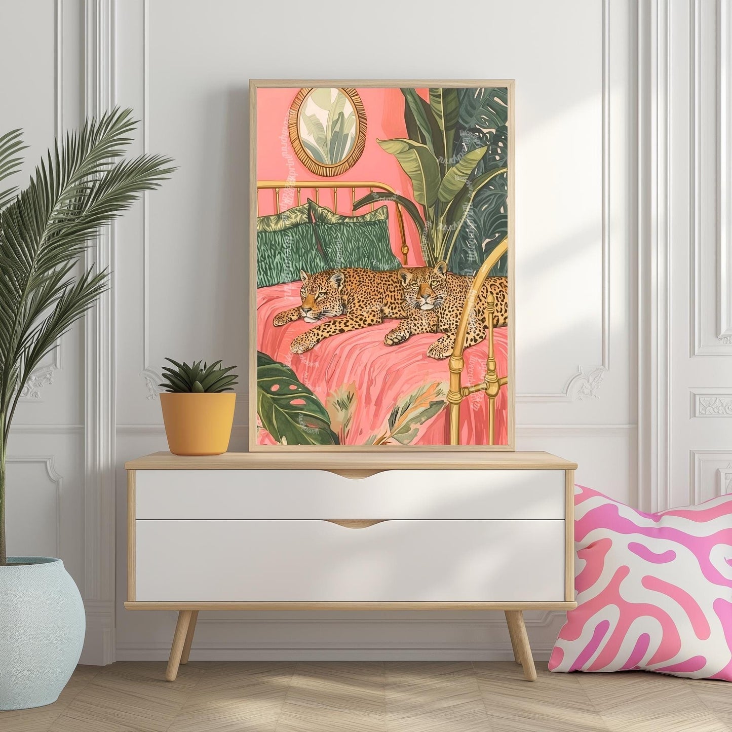 Leopard Bedroom Wall Art – Tropical Cat Print – Jungle Bedroom Decor – Pink Maximalist Wall Art – Preppy Safari Animal Print Glam Home Decor