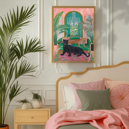 Panther and Leopard Wall Art – Jungle Glam Bedroom Decor – Pink and Green Maximalist Print – Bold Safari Animal Art – Tropical Cat Print