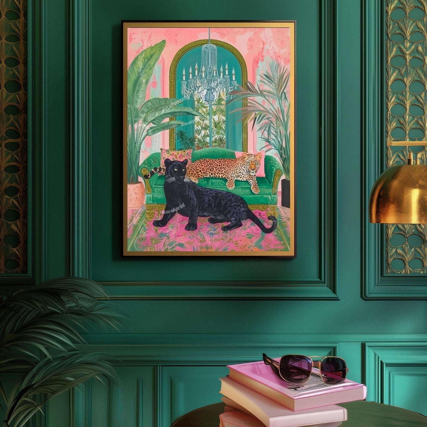 Panther and Leopard Wall Art – Jungle Glam Bedroom Decor – Pink and Green Maximalist Print – Bold Safari Animal Art – Tropical Cat Print